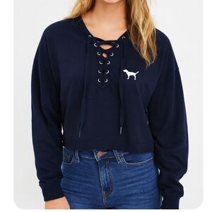 Victoria's Secret Love Pink sweatshirt cropped black white spell out lace up SM
